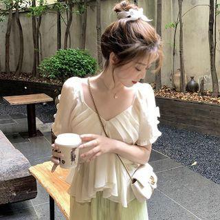 Short-sleeve Plain Ruffled Trim Chiffon Blouse