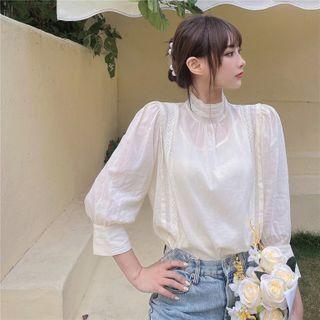 Long-sleeve Mock-neck Lace Trim Blouse