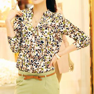 Long-sleeve Floral Print V-neck Top
