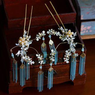 Set : Bridal Fringed Hair Pin + Clip-on Dangle Earring Light Blue - One Size