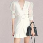 Set: Elbow-sleeve Mesh Panel Belted Jacket + Mini Skirt