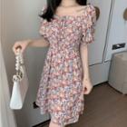 Puff Sleeve Square Neck Floral Printed Chiffon Dress