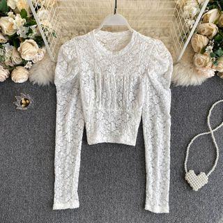 Puff-sleeve Round Neck Lace Top