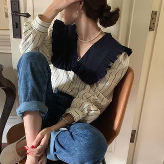 Long-sleeve Collared Frill Trim Striped Blouse As Shown In Figure - One Size