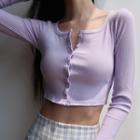 Long-sleeve Round Neck Plain Slim-fit Top