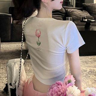 Short-sleeve Flower Printed Cropped T-shirt