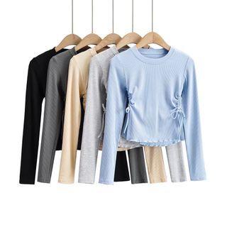 Long Sleeve Side-drawstring Ruffled-trim Crop Top