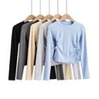 Long Sleeve Side-drawstring Ruffled-trim Crop Top