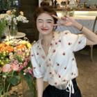 Short-sleeve V-neck Floral Print Mesh Top As Figure - One Size