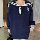 Lettering Embroidered Buttoned Sailor Collar Sweater