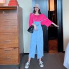 Plain Off-shoulder 3/4-sleeve Loose-fit Top / Denim Jumper Skirt