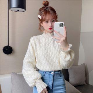 Long-sleeve Mock-neck Fleece-lined Lace Top