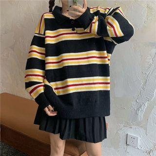 Long-sleeve Polo Collar Striped Sweater