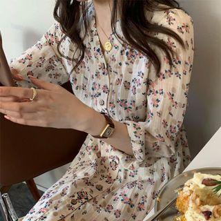 Long-sleeve Floral Chiffon Midi Shirt Dress