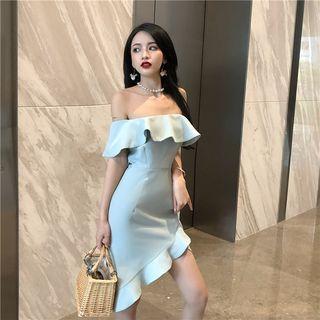 Off-shoulder Ruffle Trim Diagonal Sheath Dress