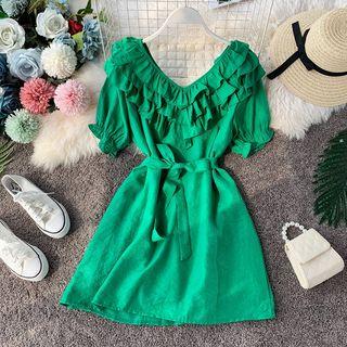 Ruffle-hem Short-sleeve Dress With Sash