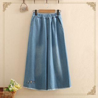Three Cat Embroidered Wide-leg Jeans