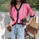 V-neck Contrast-trim Short-sleeve Knit Top