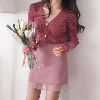 V-neck Cardigan / Mesh Underlay A-line Skirt