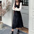 Long-sleeve Two-tone Velvet Midi A-line Dress
