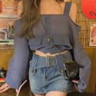 Long-sleeve Cold-shoulder Button-up Top Dark Gray - One Size