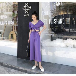 Set Of 2: Drawstring Short-sleeve Top + Wide-leg Pants
