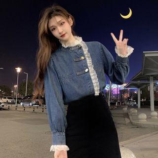 Lace Trim Long-sleeve Denim Shirt