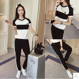 Set: Color Block Short-sleeve T-shirt + Striped Pants
