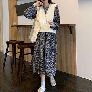 Long-sleeve Floral Print Midi Dress / Scallop Trim V-neck Knit Vest