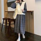 Long-sleeve Floral Print Midi Dress / Scallop Trim V-neck Knit Vest