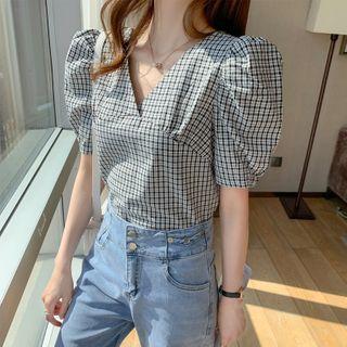 Puff-sleeve Plaid V-neck Chiffon Top