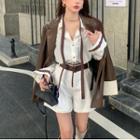 Two-tone Faux Leather Jacket / Contrast Trim Shirt / High-waist Shorts