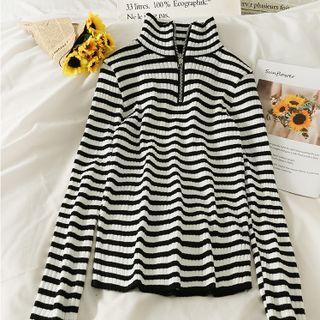 Zipper High-neck Striped Knit Top In 5 Colors
