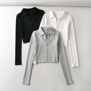 Plain Button-up Long-sleeve Crop Top