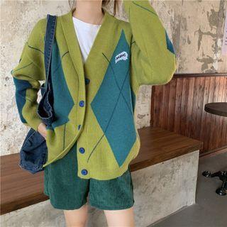 V-neck Argyle Loose-fit Cardigan