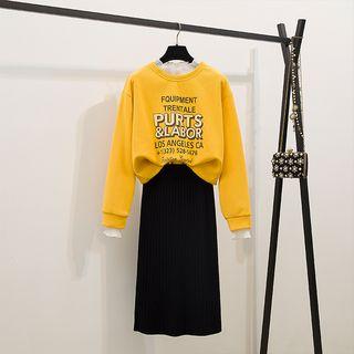 Mock Two-piece Lettering Pullover / Midi Straight-fit Skirt / Set