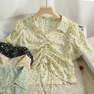 Short-sleeve Drawstring Floral Crop Blouse