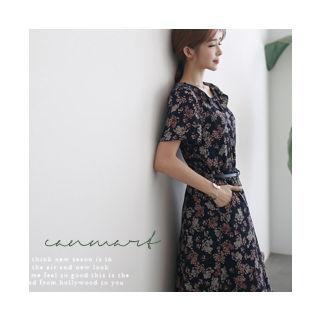 Collar-detail Floral Print Dress With Belt