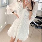 3/4-sleeve Drawstring Mini A-line Lace Dress White - One Size