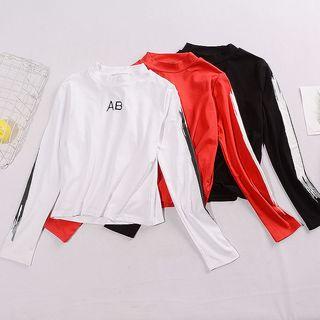 Long-sleeve Letter Embroidered Top Red - One Size
