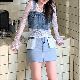 Set: Denim Button-up Vest + Applique Mini Pencil Skirt