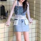 Set: Denim Button-up Vest + Applique Mini Pencil Skirt