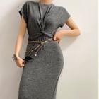 Short-sleeve Knotted Midi Sheath Dress