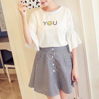 Set: Bell-sleeve T-shirt + Plaid Skirt