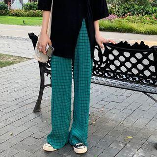 High-waist Plaid Wide-leg Pants Green - One Size