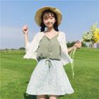 V-neck Camisole Top / Floral Mini A-line Skirt / Open Front Crochet Knit Jacket