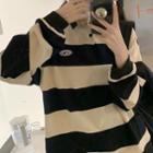 Lettering Striped Polo Sweatshirt Stripe - Black & Almond - One Size