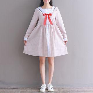 Plaid Long-sleeve Sailor Collared A-line Dress