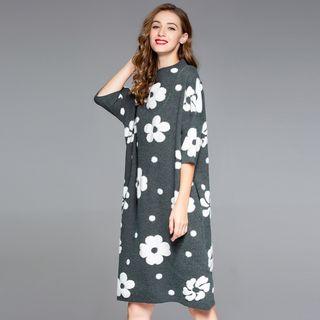 Flower Pattern 3/4-sleeve Knit Dress