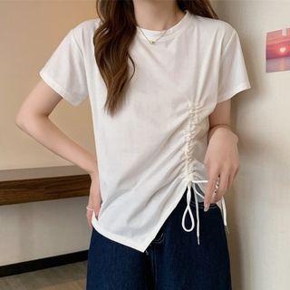 Short-sleeve Round-neck Drawstring T-shirt
